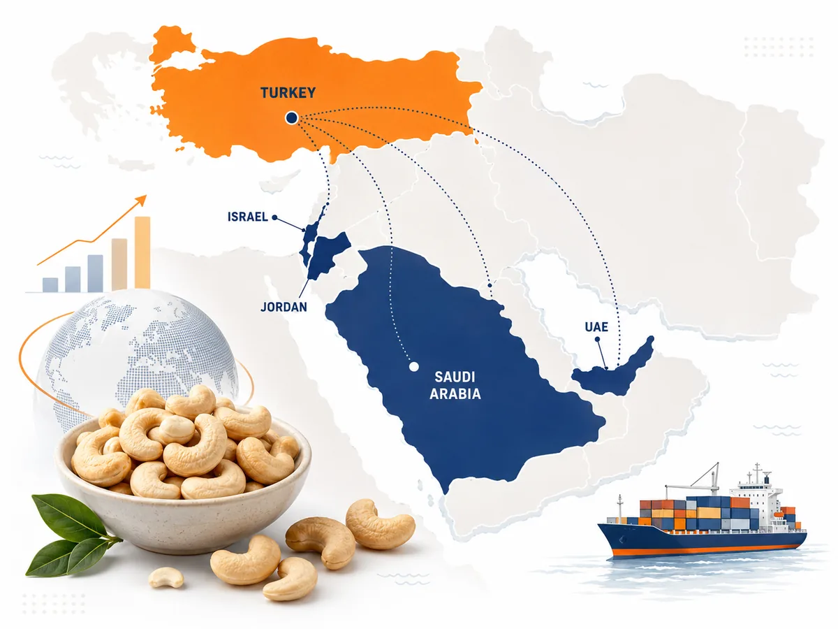 Bản đồ Trung Đông, Thổ Nhĩ Kỳ tô cam nổi bật, các tuyến chấm nối sang Israel, Jordan, Ả Rập Xê Út và UAE; góc dưới có bát nhân điều và tàu container